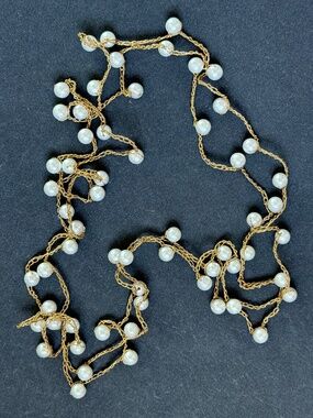 VINTAGE Long Crocheted Gold Metallic Thread Faux Pearl Necklace Bohemian